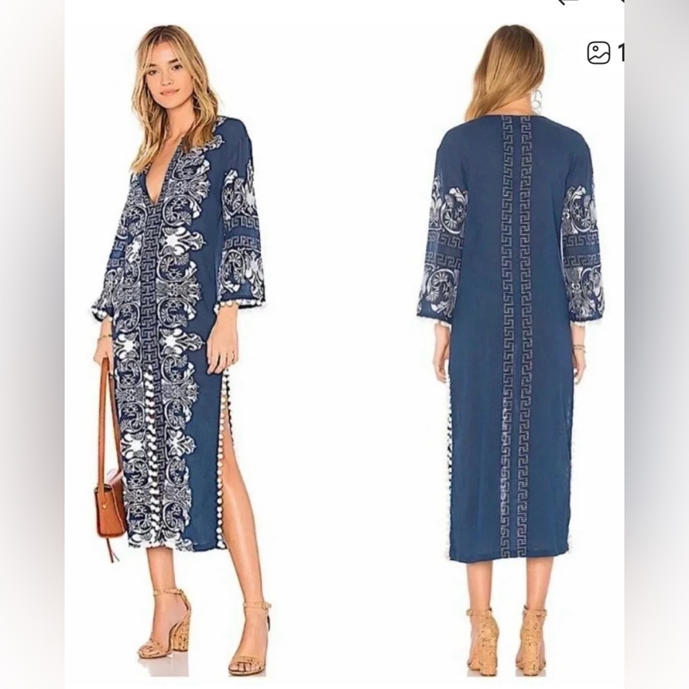 MISA Blue & White embroidered Izola Calia Pom Pom Trim tunic maxi dress-XS